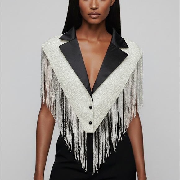 Jackets & Blazers - Black and White Tuxedo Beaded Fringe Cape